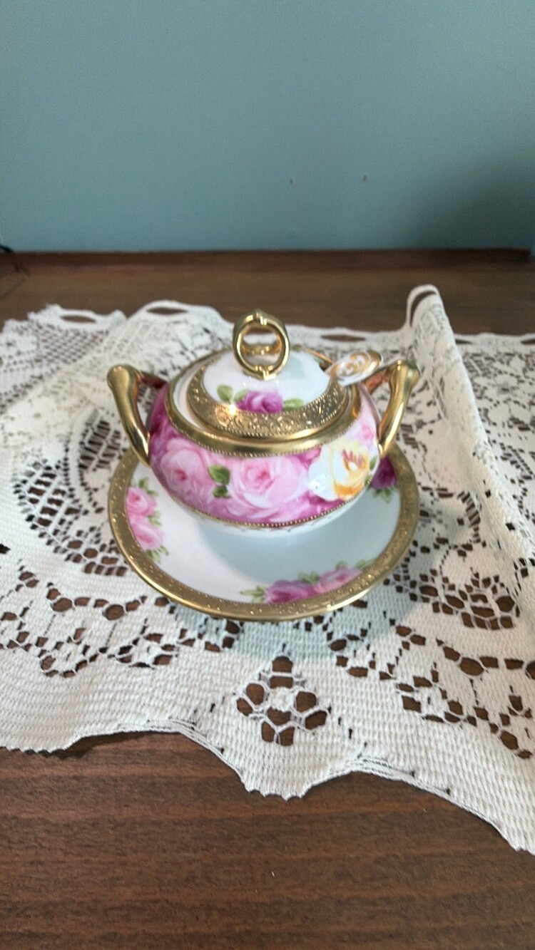 #96 antique hand-painted Nippon porcelain jam jar with undertplate and spoon.